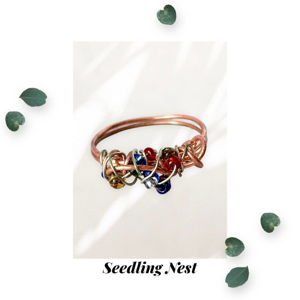 Seedling - Glass Beaded Multicolor Copper Ring - Size 6